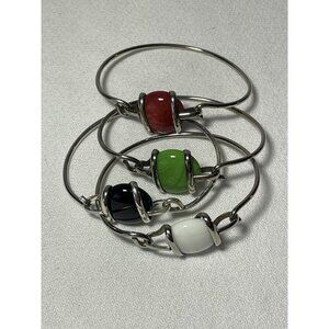 Vtg Silver Wrapped Wire Green Copper Black White Glass Bangle Bracelets 4 in lot